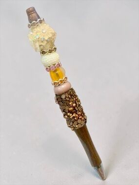 Beaded Decorative Pen Floral themed Cream &  Brown